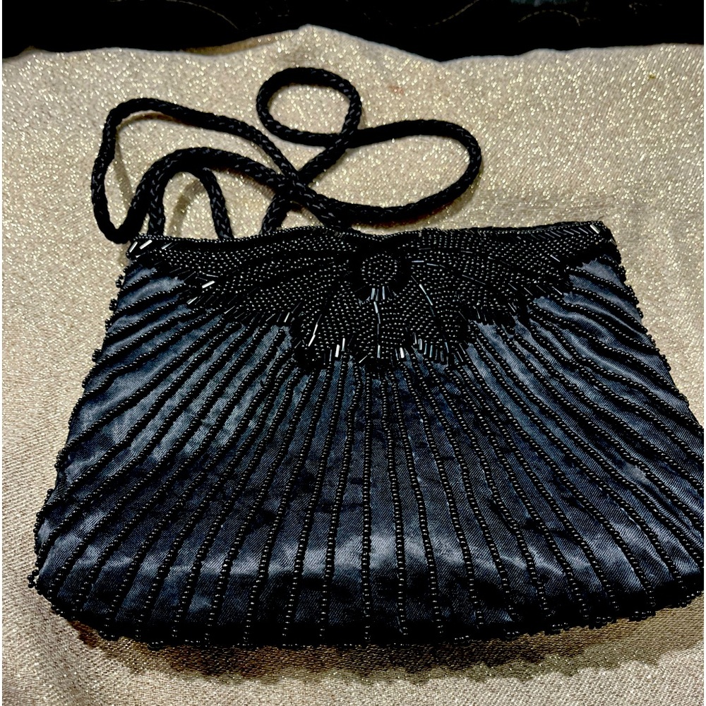Rare Vintage Magid Hand Beaded Black Evening Bag With Twisted Satin Strap